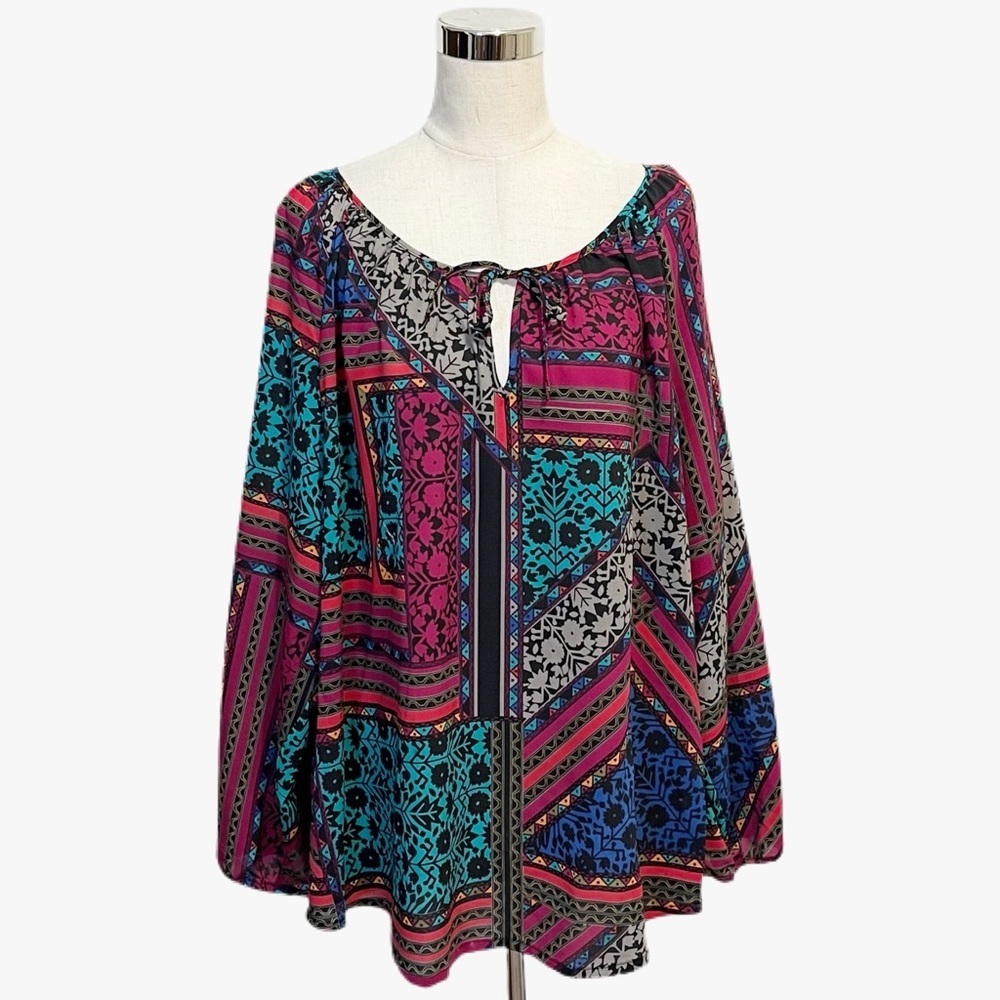 ➕ BB Dakota Patchwork Multi Patterned Blouse Womens Plus Size 3X - Picture 2 of 11